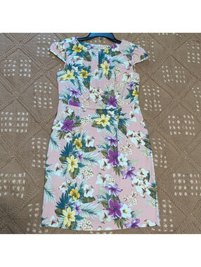Ragged Trends Floral Tropical Sheath Dress M Pink Knit Stretch Crew Neck Zip